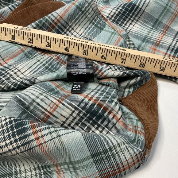 Plaid Flannel Shirt Corduroy Trim Button Up Collared Long Sleeve Green - Picture 11 of 11